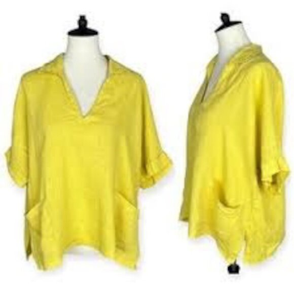 ALEMBIKA Yellow Linen Boxy Top Blouse Short Sleeve Lagenlook Pockets - Picture 1 of 5
